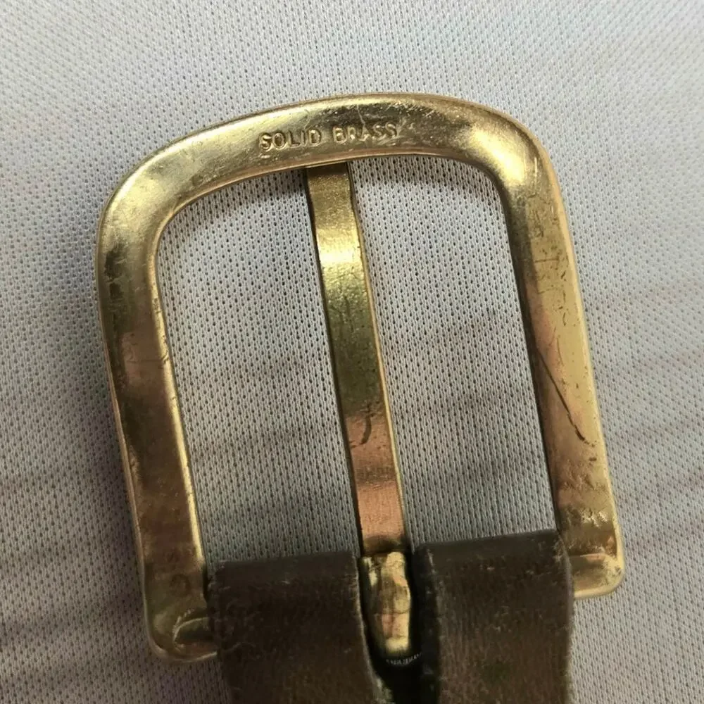 Vintage 90s Leather Belt Brass Buckle Brown Gold L/ XL